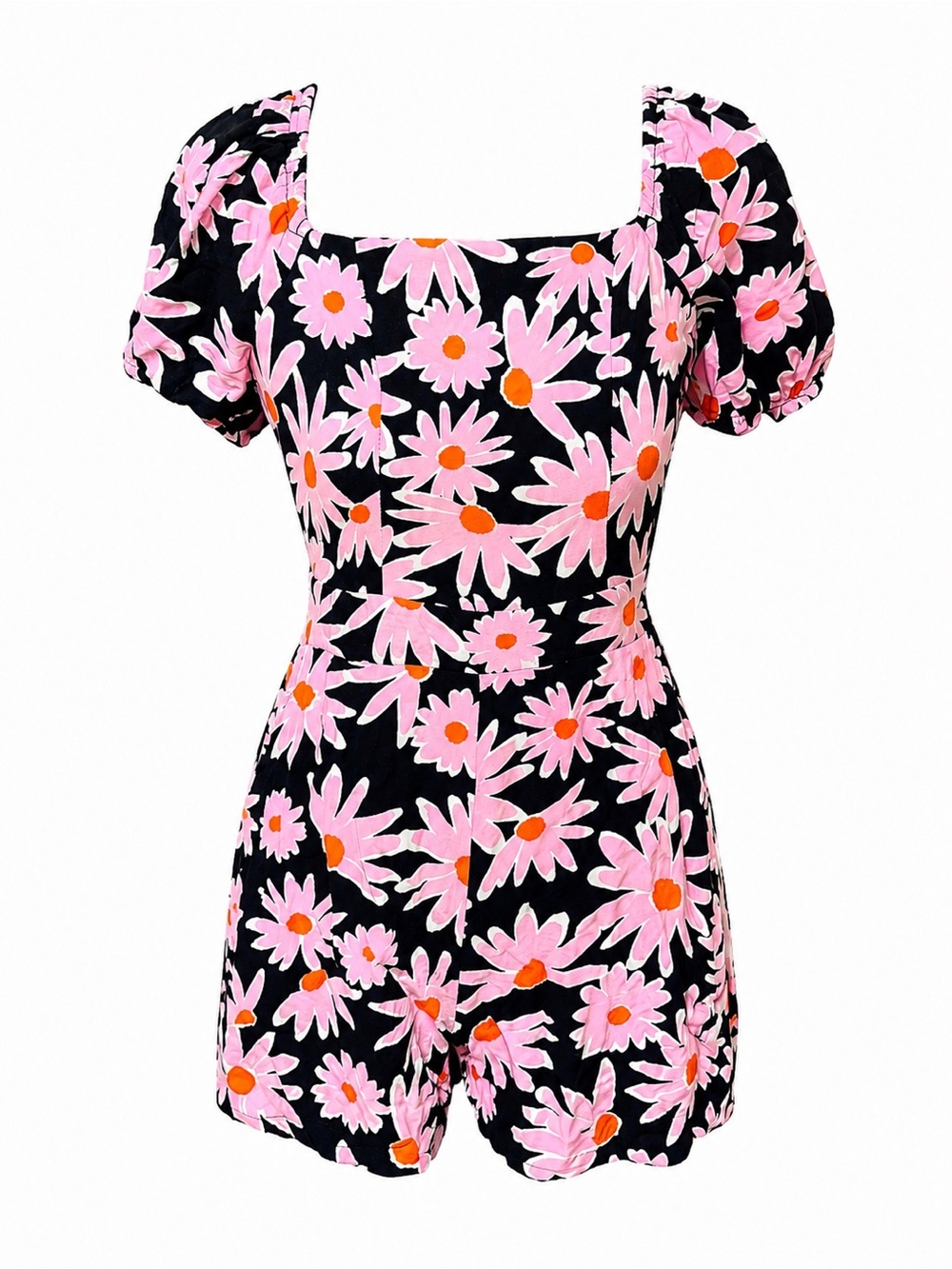Lily Rose Pink Daisy Romper S Puff Sleeve Open Back 60s Mod Retro Floral Y2K